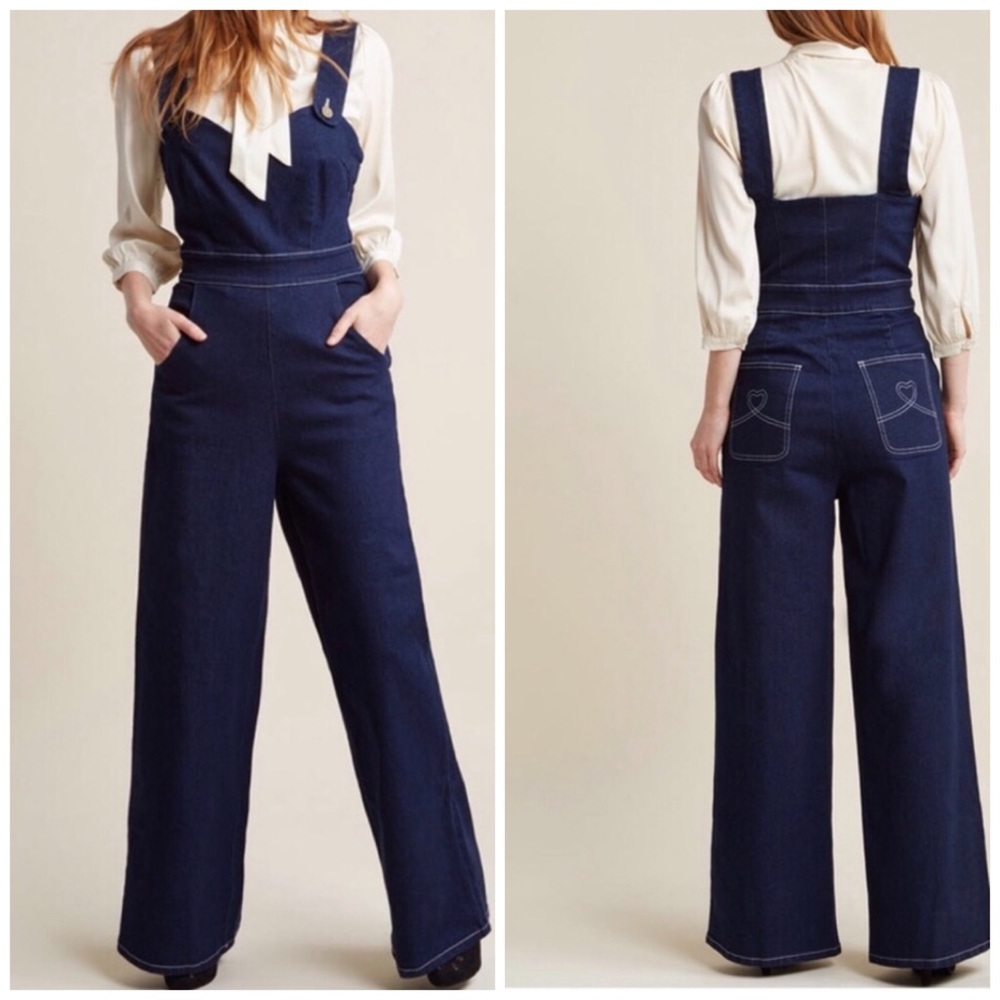 Collectif London Dark Blue Denim Overalls Wide Leg Jumpsuit